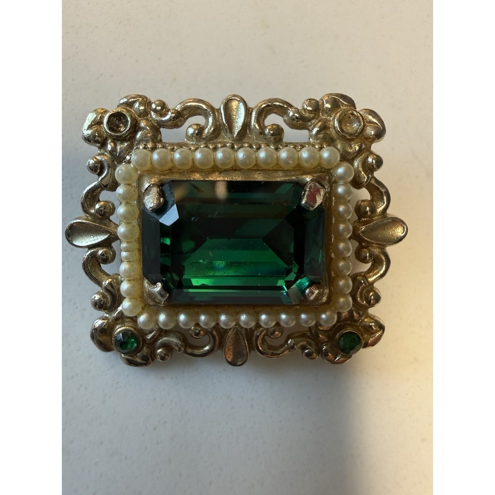 Vintage Signed Coro Rectangular & Round Green Rhinestone Gold Tone Brooch Pin - Picture 2 of 6